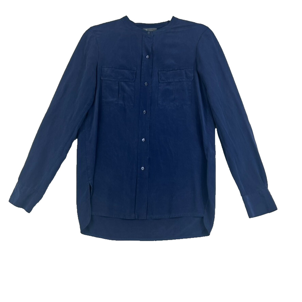 Vince Women's Navy Blue 100% Silk Button Down Shirt Size 6 Preppy Timeless
